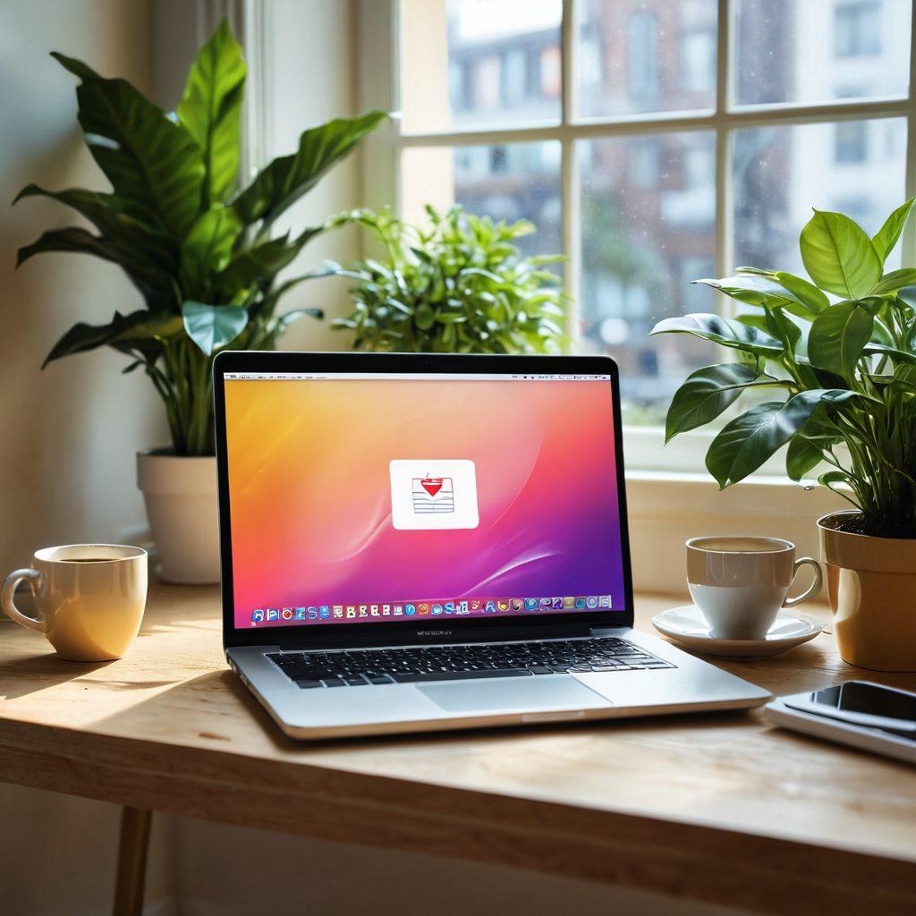 A serene workspace with a bright, open laptop displaying an inviting email interface filled with joyful colors. Surrounding the laptop are cheerful plants and a steaming cup of coffee, symbolizing positivity and excellent communication. Soft sunlight filters through a window, casting a warm glow on the scene. Create an atmosphere of happiness and productivity. vibrant colors. super-realistic.
