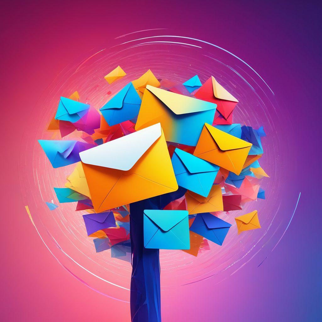 An abstract representation of interconnected emails forming an upward spiral, symbolizing growth in communication. Include elements like vibrant envelopes in various colors, light trails illustrating speed and efficiency, and a background of smooth gradients depicting joy and seamlessness. The overall atmosphere should exude positivity and innovation. vibrant colors. digital art.