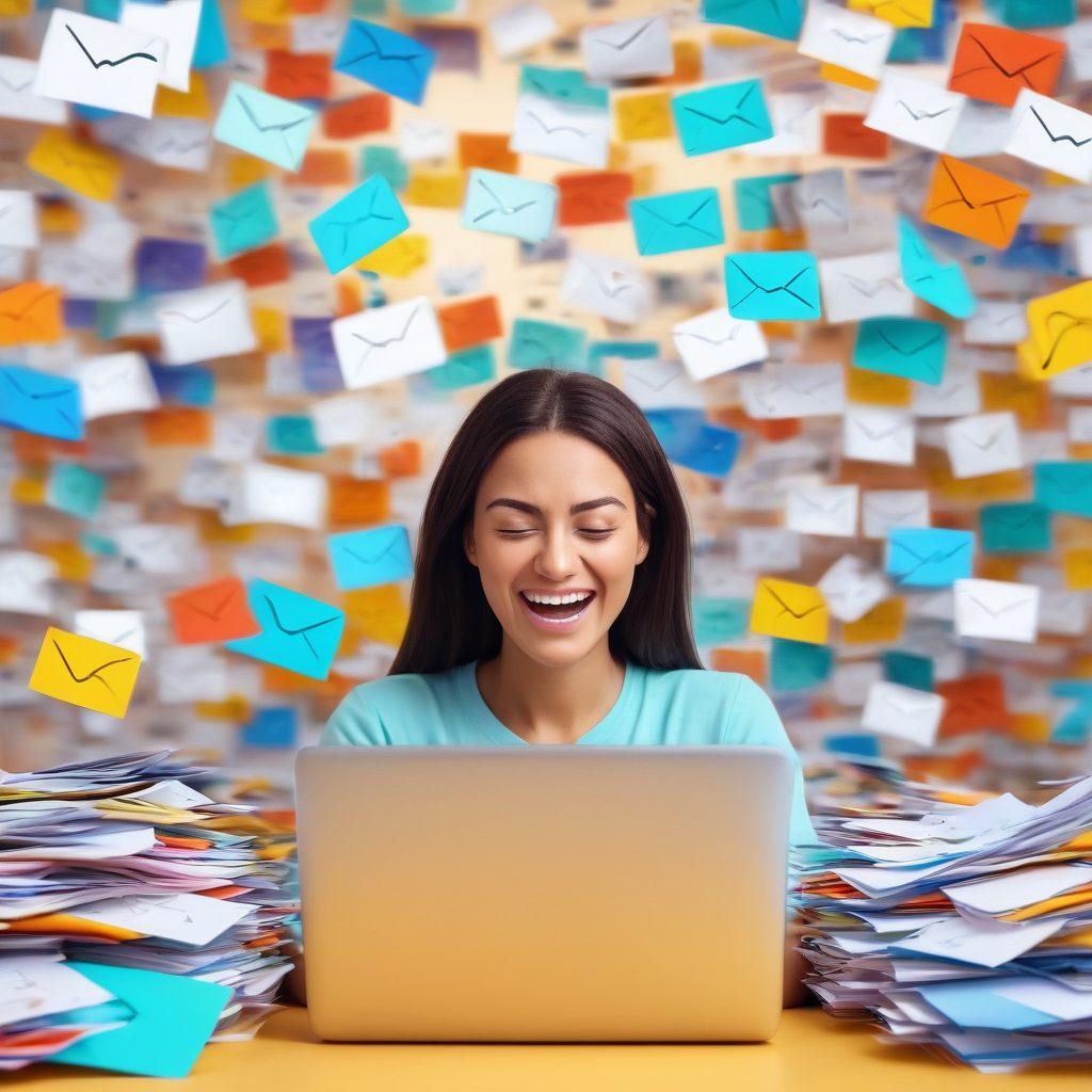 A split scene depicting an overwhelmed person surrounded by chaotic email notifications on one side, and the same person looking joyful and relaxed with organized emails on the other side. Include calming colors and visual cues like a smiley face, emails being neatly sorted, and a serene workspace. Vibrant colors. super-realistic.